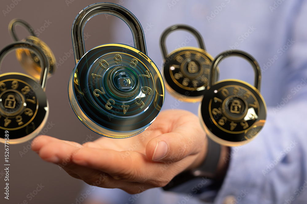 Aufkleber safeguarding information. conceptual image of digital combination locks. data security.