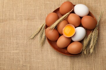 Fresh eggs and spikes on burlap cloth, flat lay. Space for text