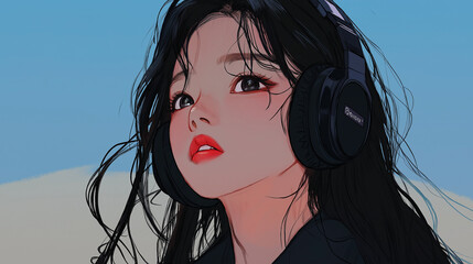 Stylish Woman with Headphones Listening to Music – Digital Art on Gradient Background