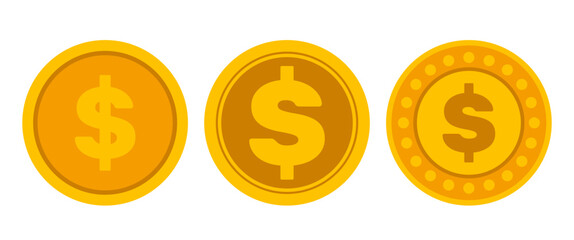 Dollar Coin Vector Set, Flat Style Gold Money Icons Collection for Finance App, Game UI, Virtual Currency, and Economy Design Projects, Editable