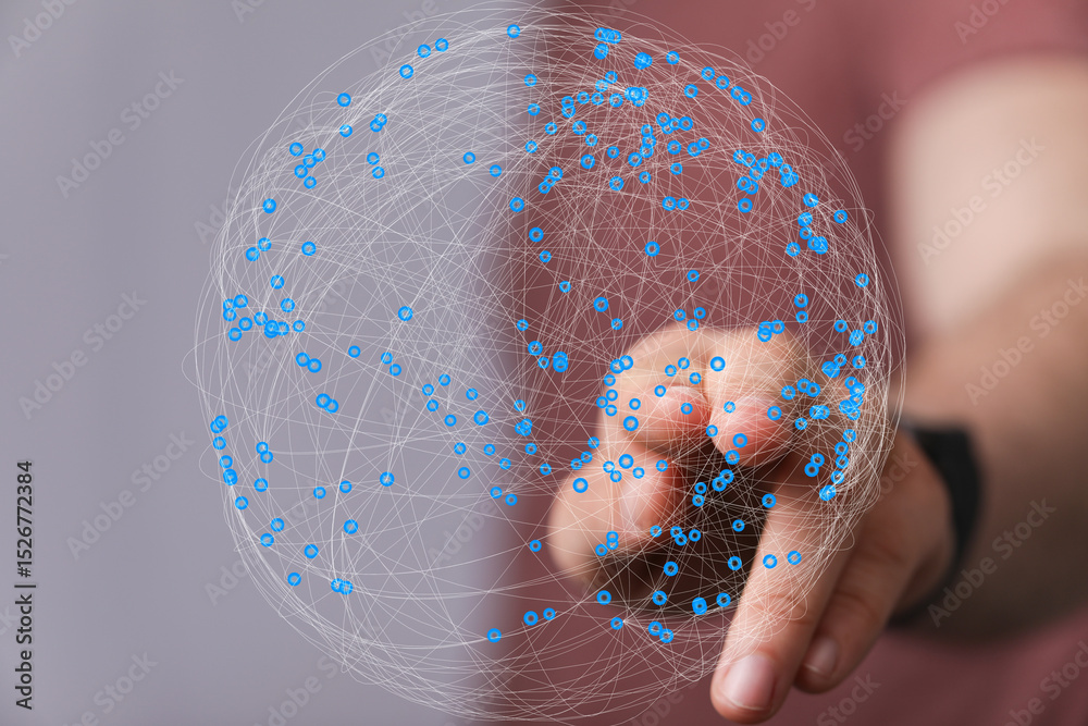 Fototapete Abstract image of a hand interacting with a digital global network.  Perfect for technology, connection, and communication concepts.
