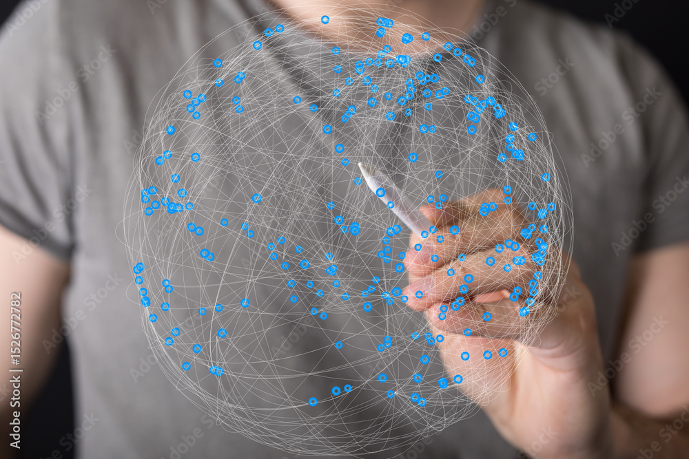 Poster Person interacts with a digital globe, showing connections and networking.