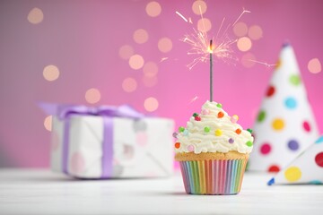 Burning sparkler in cupcake and party decor on table against pink background with blurred lights....