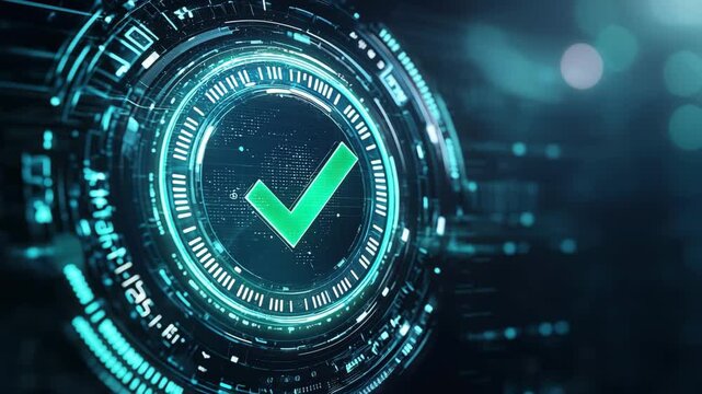 Futuristic digital check mark and glowing green tick circular interface for technology, cyber security, data verification, approval, digital confirmation, and secure system with abstract futuristic