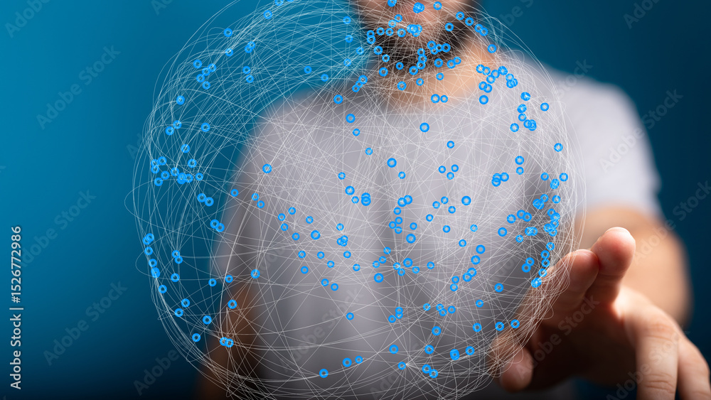 Fototapete Abstract image of a person interacting with a digital sphere representing global networking and connections.