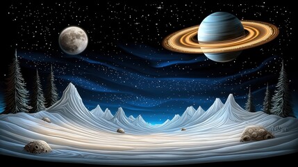 Naklejka premium Pixel Art Landscape with Ringed Planet Moon and Snowy Terrain Under Starry Sky