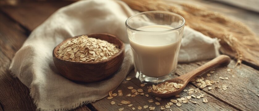 The delicious bowl of oats and creamy milk on a rustic wooden table. - Powered by Adobe