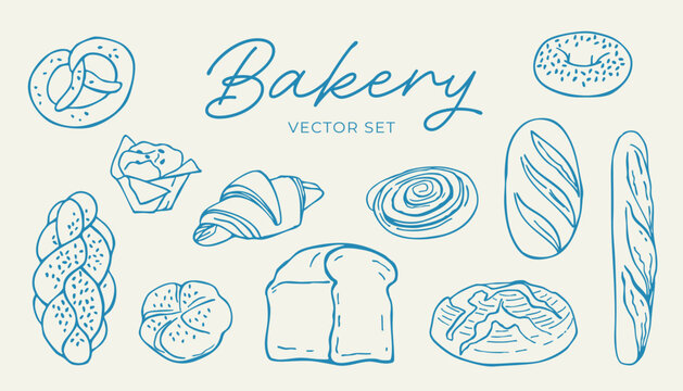 Hand drawn bakery set. Vector illustration of bread and pastry