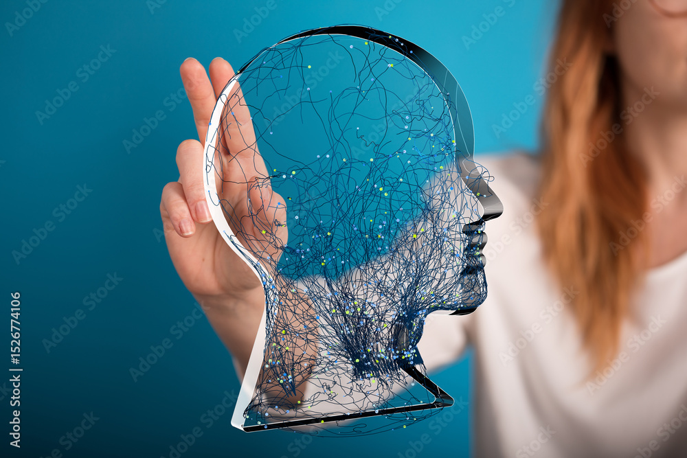 Poster a woman's hand holds a transparent holographic head representing neural networks and ai.