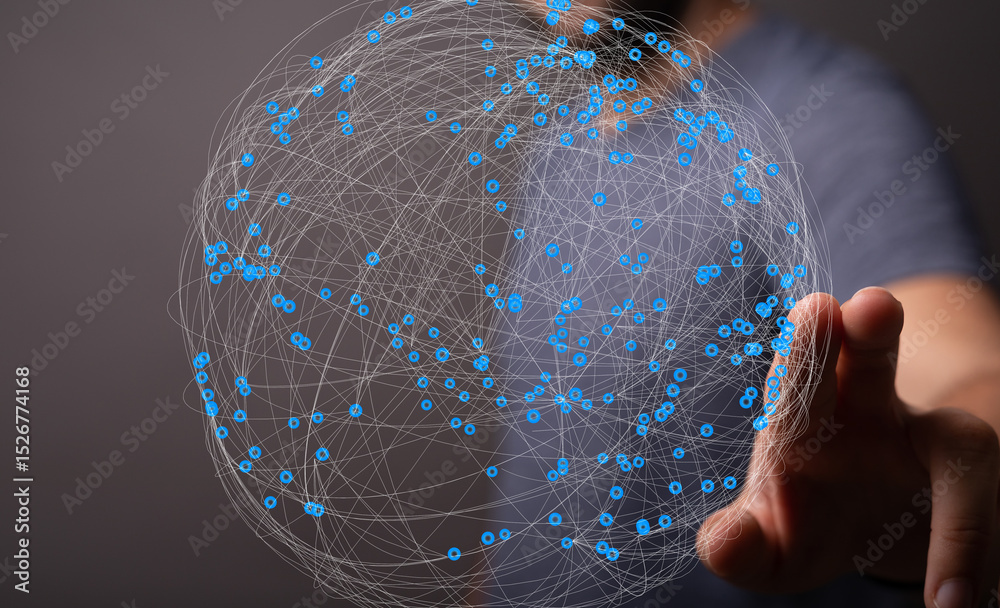 Poster Hand interacting with a digital globe, illustrating global network and connection.