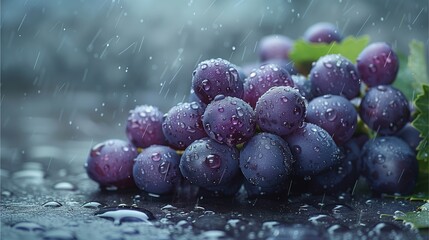 A cluster of glistening grapes bathed in gentle rain. The juicy purple fruit glistens under the light, showcasing nature's beauty.
