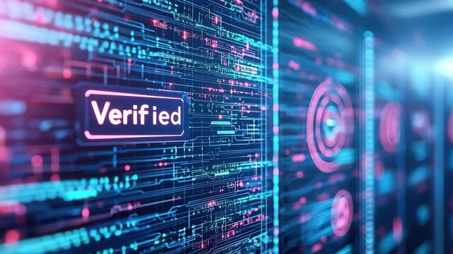 Verified digital interface with glowing circuit lines, futuristic technology, cyber security, data authentication, and secure online verification process, featuring modern network system and abstract - Powered by Adobe
