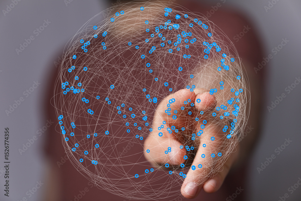 Poster Abstract image of a hand interacting with a digital global network.  Perfect for tech, communication, and connection concepts.