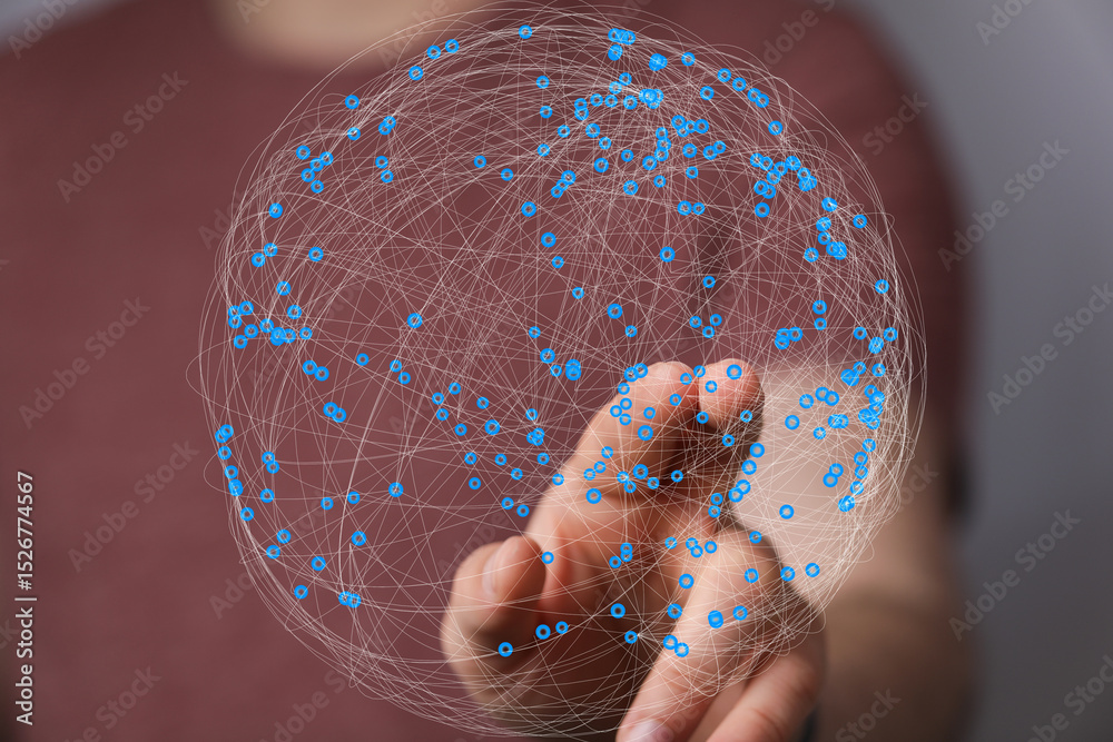 Poster Abstract image of a hand interacting with a digital sphere representing global network connections.