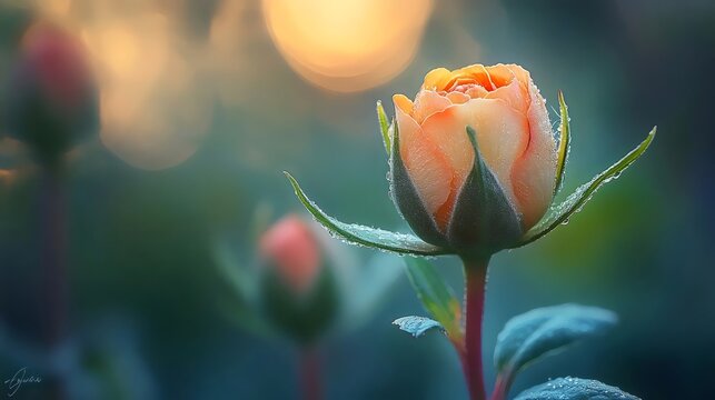 A stunning orange rose bud glistening with dew drops in the soft morning light.