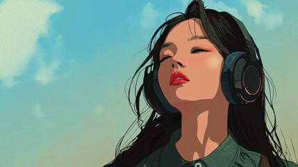 Stylish Girl Listening to Music with Headphones – Digital Illustration for Listening Day