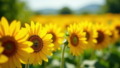 Vibrant sunflowers & busy bees in endless horizontal row , continuous pattern, pollination