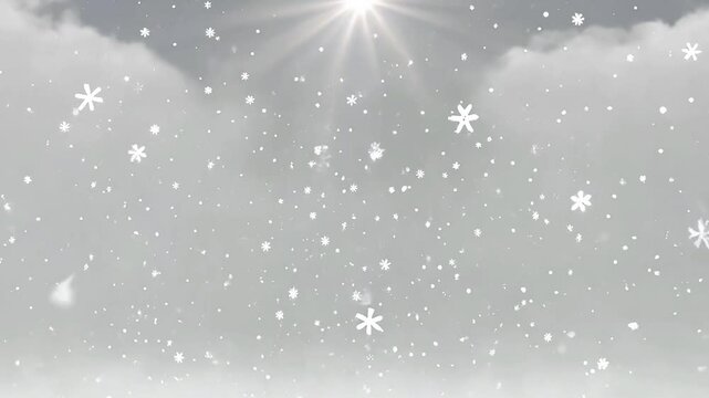 Snowfall image with white snowflakes against a cloudy grayish background with a bright light source at the top (AI Video)