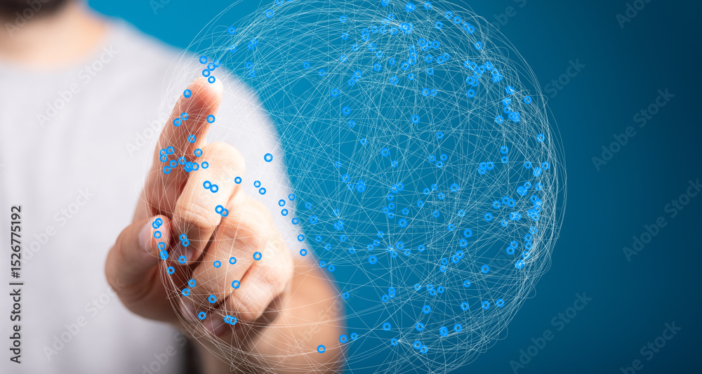 Leinwandbilder Abstract image of a hand interacting with a digital globe, representing global connectivity and networking.