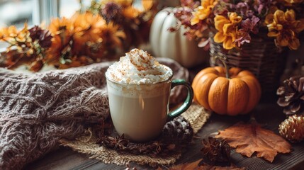 Cozy autumn scene with a cream-topped beverage, pumpkins, and warm blanket, perfect for fall season. Enjoying a peaceful moment.