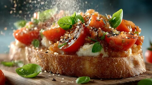 Delicious Bruschetta Topped with Fresh Tomatoes, Basil, and Parmesan Cheese Garnish