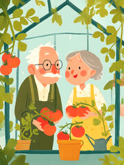 Couple âgé récoltant des tomates dans une serre verdoyante - illustration