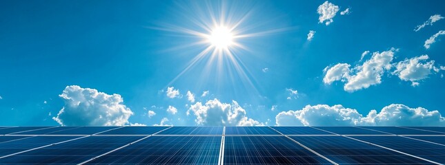 Wide shot of solar panels under blue sky with sun rays and clouds

