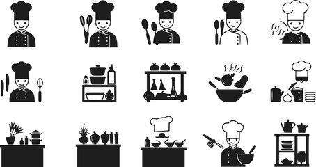 Set of black and white Chef and Kitchen icons. Silhouette flat design illustrations for Culinary, Restaurant, Menu projects.