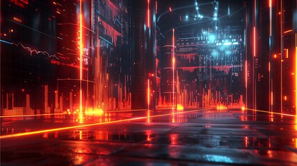 Naklejka premium Cyberpunk alleyway with glowing neon lights and futuristic architecture. The scene is dark and moody, with vibrant streaks of red and blue light reflecting on the wet ground. 