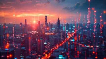 a cityscape, network of digital connections overlaying a stunning sunset. Modern buildings and technological advancements blend seamlessly against the backdrop of a vibrant sky