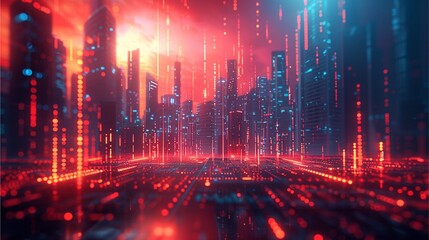 Naklejka premium futuristic cityscape with vibrant red and blue hues, depicting a digital world, digital city, cyberpunk