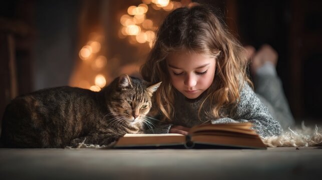 Cozy scene of a young girl reading a book with her tabby cat indoors, illuminated by soft, warm, bokeh lighting in the background.