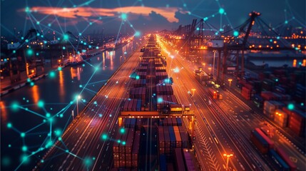 Illuminated port with containers and digital network overlays, signifying global trade and connectivity at dusk.