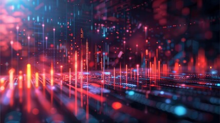 Fototapeta premium Abstract digital data flow, glowing lines and particles. Red, blue and orange hues on dark background.