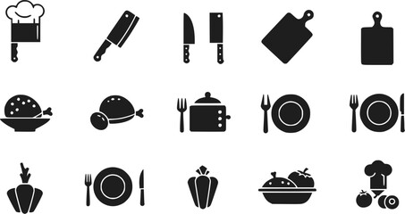 Set of black icons. Culinary, kitchen items. Vector illustration