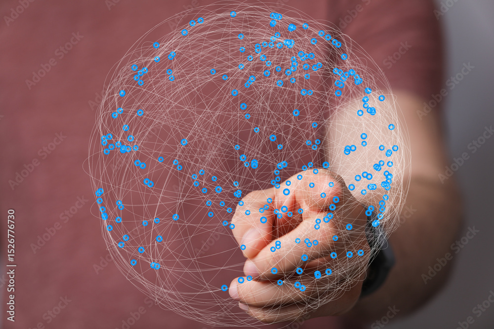 Aufkleber Abstract image of a hand interacting with a global network, representing connection and technology.
