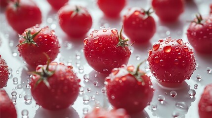 A close-up of ripe cherry tomatoes with water droplets, showcasing their freshness and vibrant color