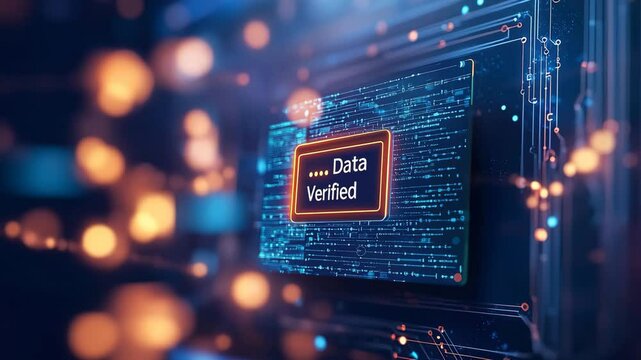 Data verification digital interface with glowing circuit board, futuristic technology, secure information, cyber security, abstract background, blue orange light, modern innovation, and data