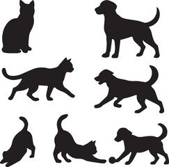 Black vector silhouettes of domestic cats, dogs, and other common farm and wild animals collection
