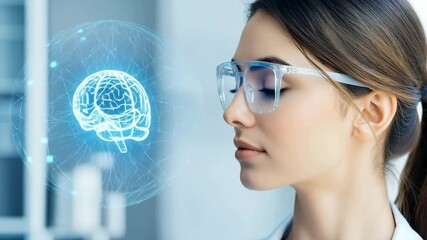 Young woman adult scientist wearing clear eyewear and glasses looks thoughtfully digital hologram of brain, symbolizing artificial intelligence, innovation, and futuristic technology, with female - Powered by Adobe