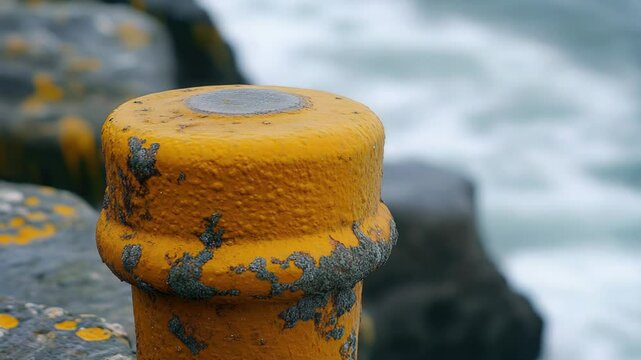 A lone yellow fire hydrant sits atop a rock overlooking the ocean, offering a unique beachside view.
