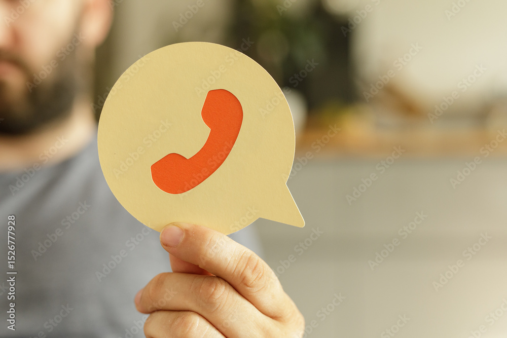 Poster Image of a person holding a speech bubble with a phone icon. Perfect for contact us pages and customer service.
