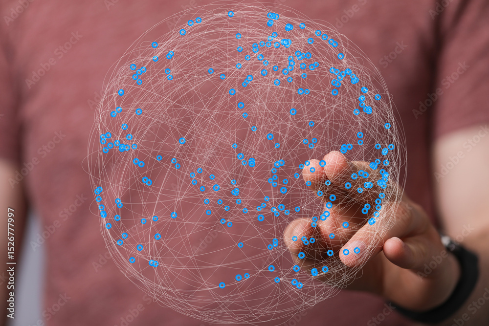 Poster person's hand interacts with a digital sphere representing a global network connection. technology, 