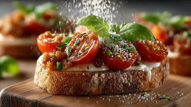 Delicious Bruschetta Preparation with Fresh Tomatoes and Basil on Toasted Bread Close-Up
