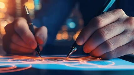 Two hands holding pens draw glowing digital lines tablet, blending technology and creativity modern, futuristic workspace, as businessman hand writes with pen digital graph overlay, financial data - Powered by Adobe
