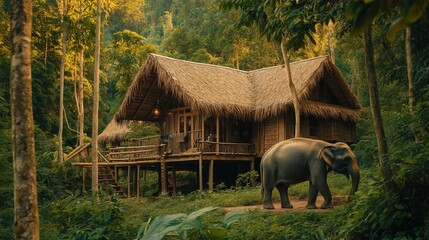 Large adult elephant walking near a traditional wooden rural hut.
