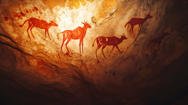 Ancient rock art: animal cave paintings in warm earth tones