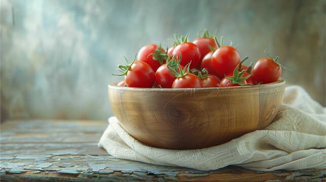 A bowl filled with ripe cherry tomatoes and their leafy green stems, resting on a rustic wooden surface. The scene evokes a sense of freshness and natural beauty.