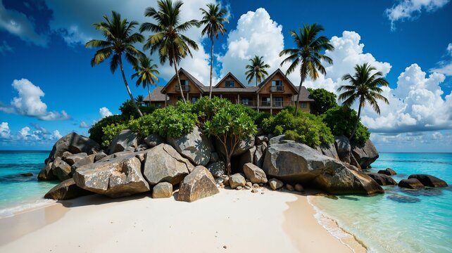 A picturesque tropical beach scene featuring a rustic wooden house nestled among greenery and towering palm trees, surrounded by large boulders and crystalclear turquoise waters