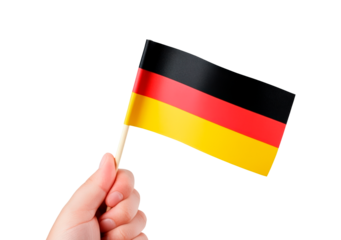 Hand holding small German flag on transparent background, PNG